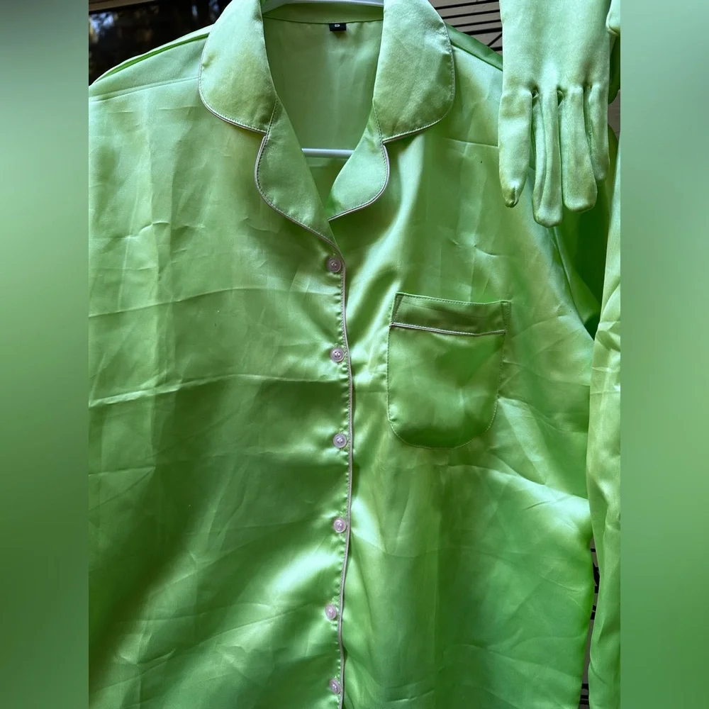 LIME GREEN SHINY Shimmer Pajama Set With Gloves Size Small Like New Pink Trim - Picture 3 of 11